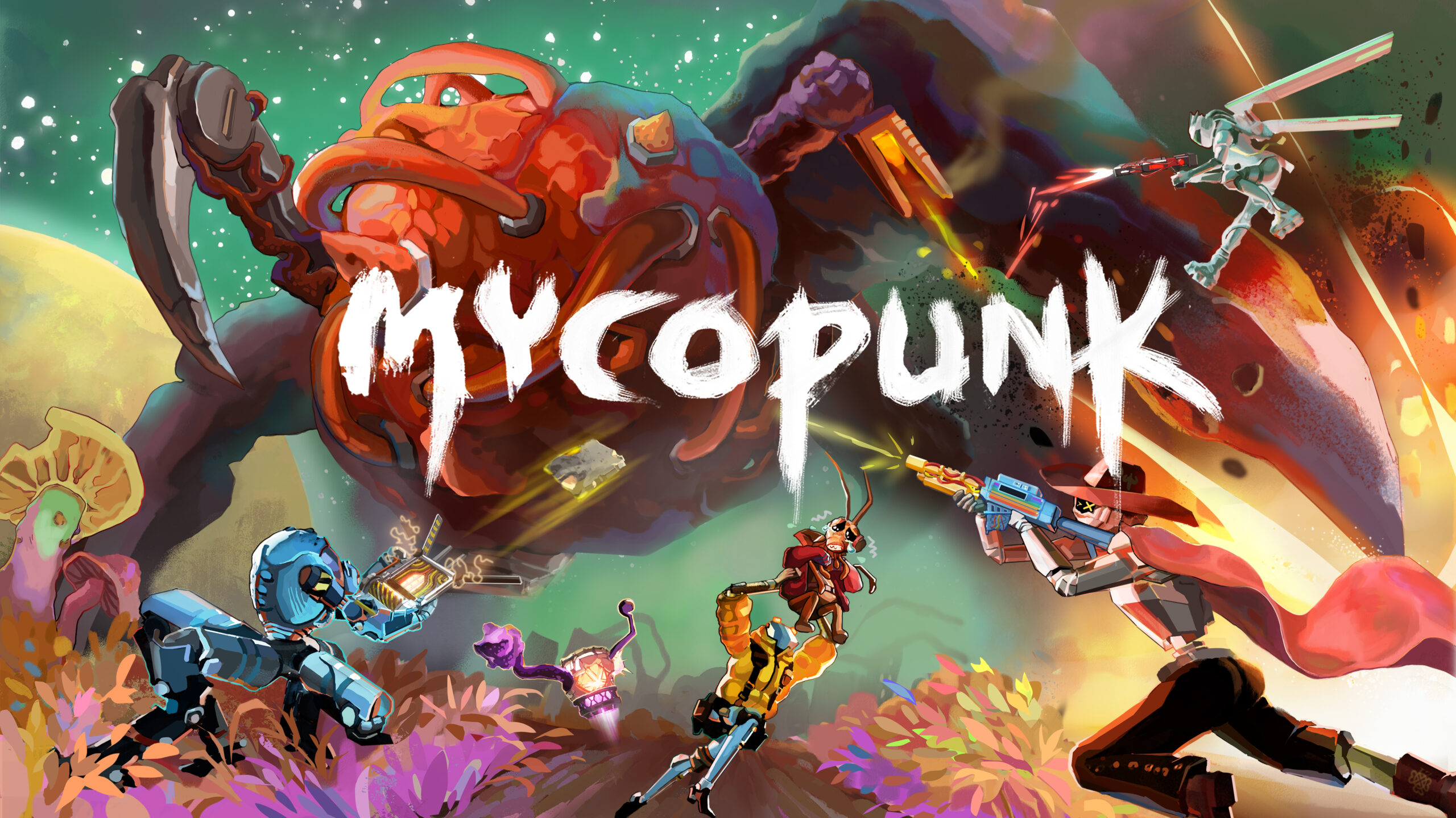 La cuadrilla de robots combate criaturas micónicas en Mycopunk