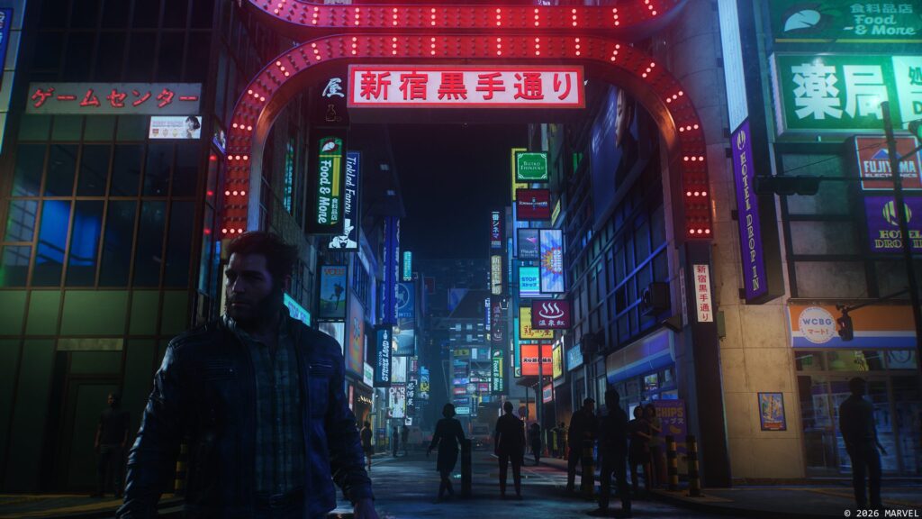 Logan en una calle nocturna de Shinjuku en Marvel’s Wolverine