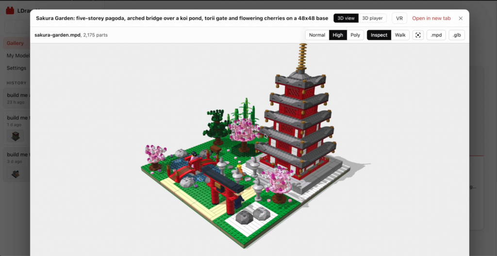 Modelo digital Sakura Garden con pagoda, estanque y cerezos en un visor 3D