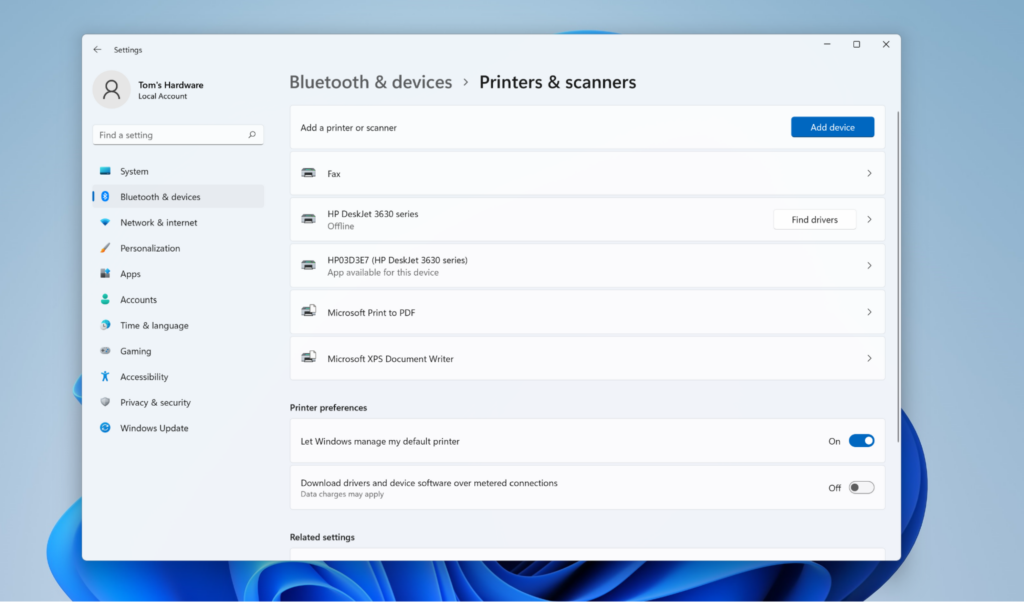 Pantalla de configuración de impresoras y escáneres en Windows 11