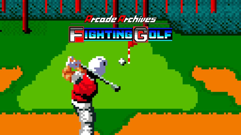 Un golfista pixelado golpea la pelota en una recreativa de Fighting Golf.