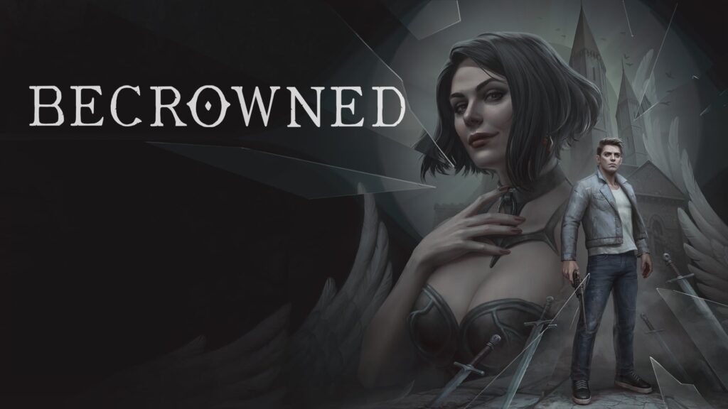 Ilustración de BECROWNED con el título, una mujer y un hombre entre fragmentos de cristal y espadas.