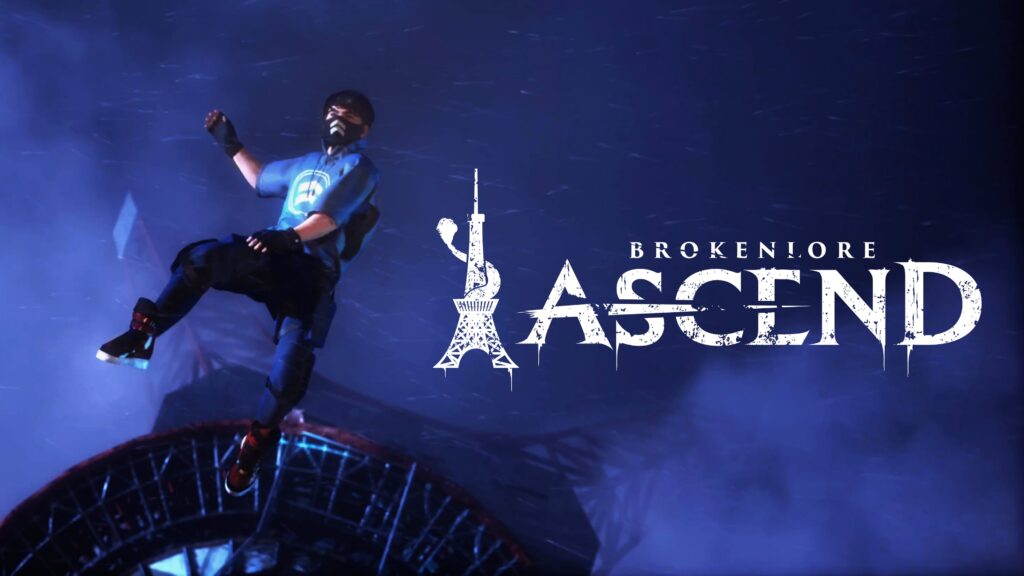 Un escalador asciende de noche junto al logotipo de BrokenLore: ASCEND.