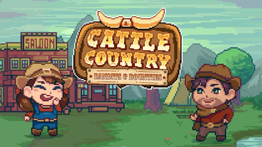 Ilustración pixel art de Cattle Country: dos personajes vaqueros frente a un pueblo del Oeste junto al logotipo de Bandits & Bounties.