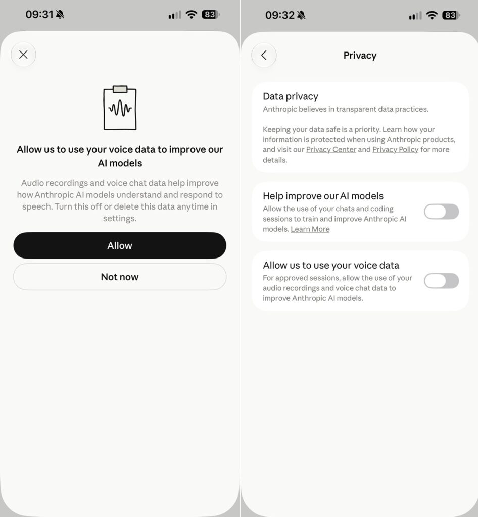 Aviso de consentimiento para datos de voz y ajustes de privacidad de Claude