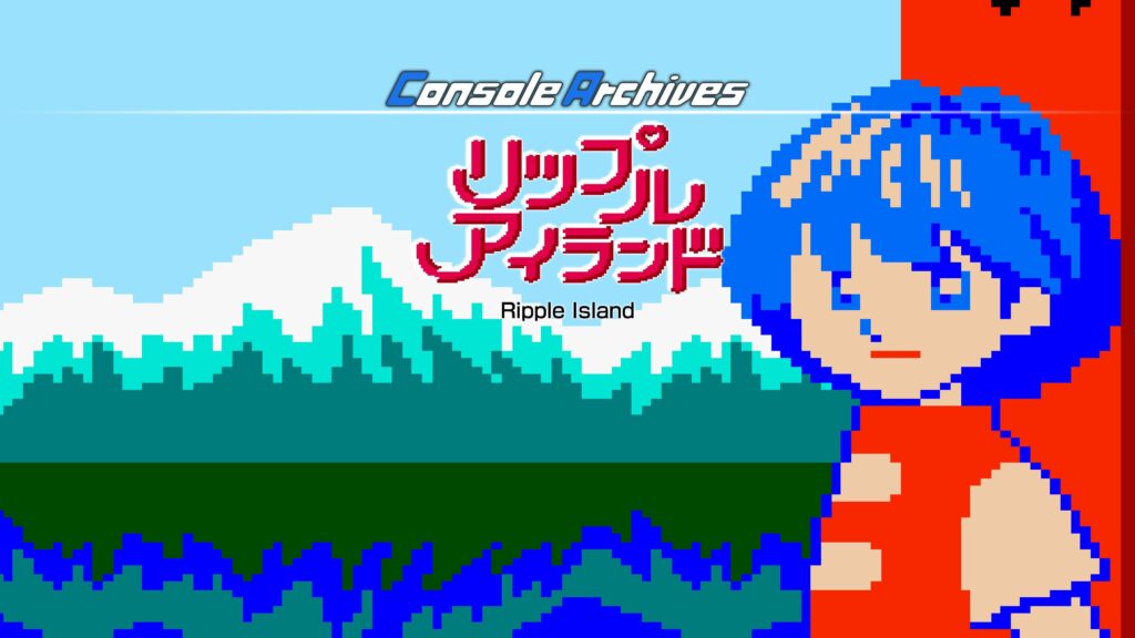 Ilustración pixelada de Ripple Island con el logotipo del juego y un personaje de pelo azul.