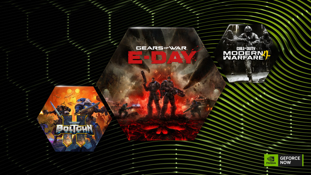 Composición promocional de GeForce NOW con Gears of War: E-Day, Call of Duty: Modern Warfare y Warhammer 40,000: Boltgun 2.
