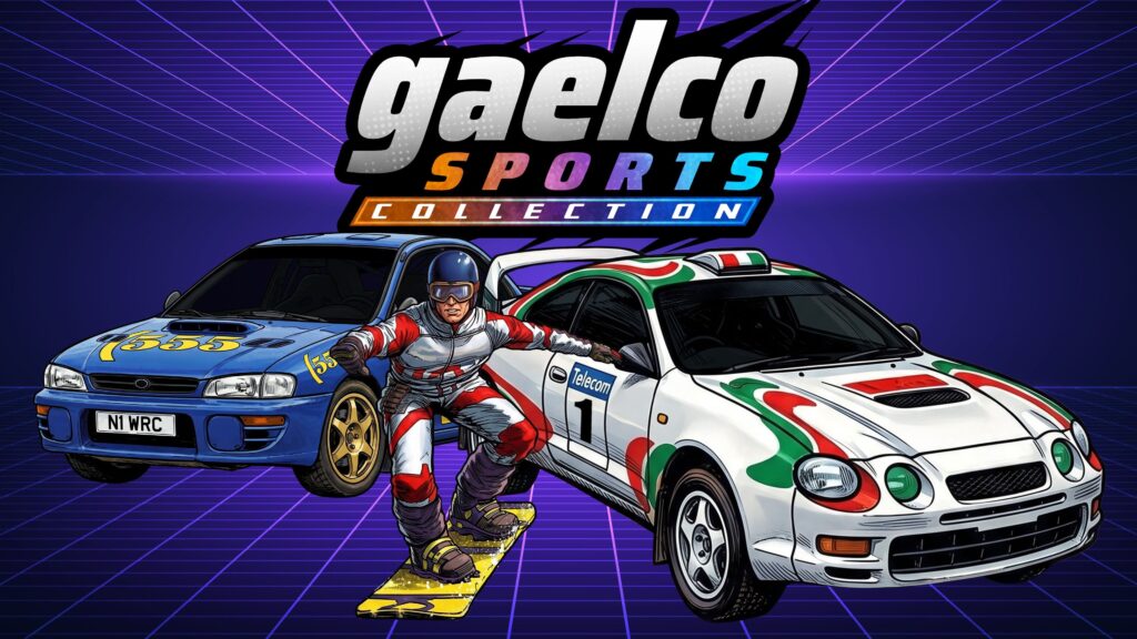 Ilustración promocional de Gaelco Sports Collection con coches de rally y una persona sobre una tabla de snowboard