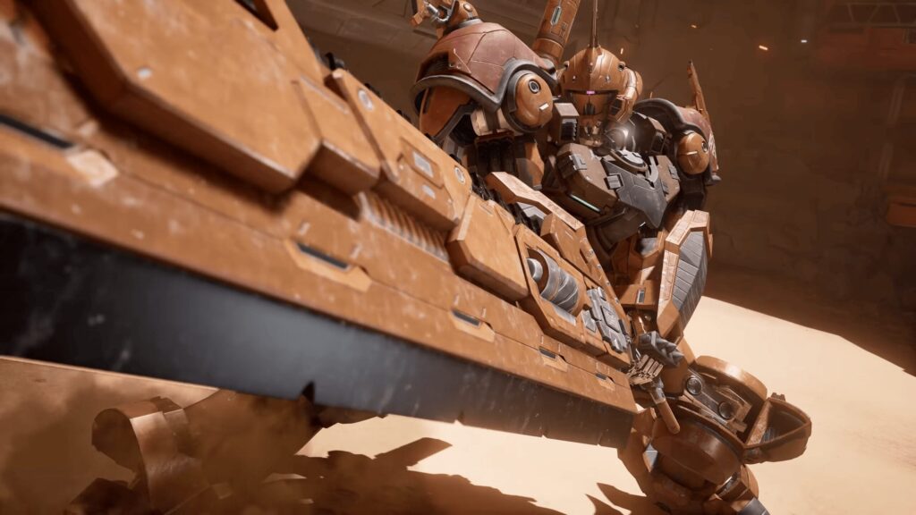 Mecha de tonos ocres junto a un arma de gran tamaño en Gundam Rogue Orbit.