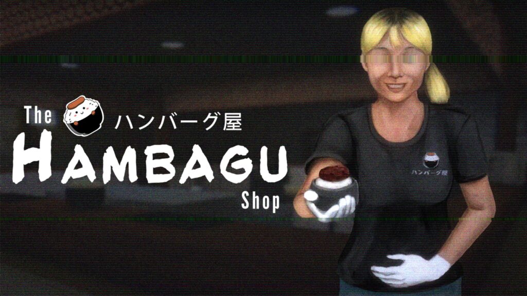 Imagen promocional de The Hambagu Shop con una mujer sosteniendo un cuenco y un filtro de vídeo VHS.