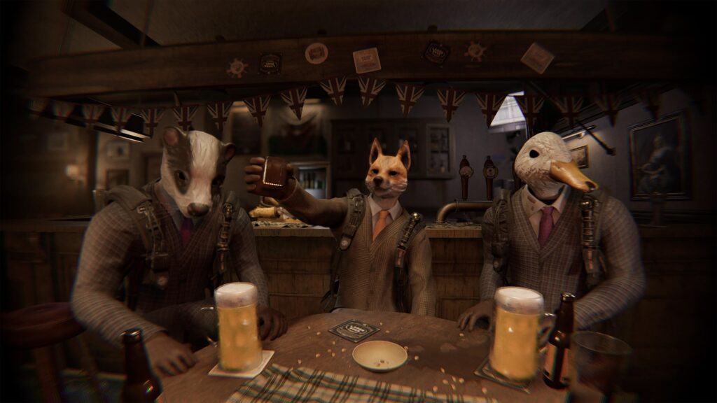 Tres figuras con máscaras de aspecto animal sentadas a una mesa en un pub oscuro, en una imagen de Hazard Levels.
