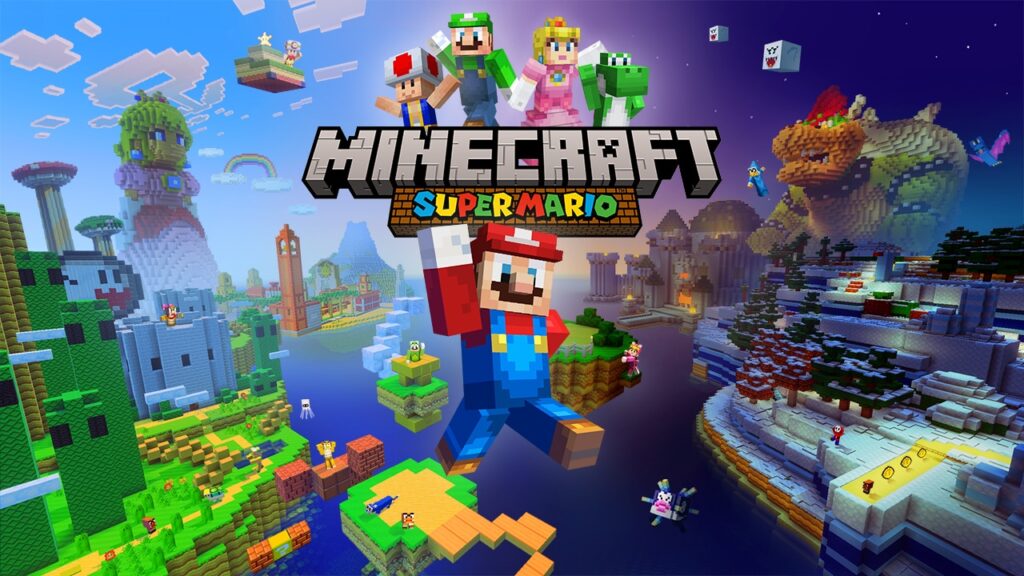 Ilustración del pack Super Mario Mash-Up de Minecraft con Mario, Luigi, Peach, Toad y Yoshi en un paisaje de bloques.