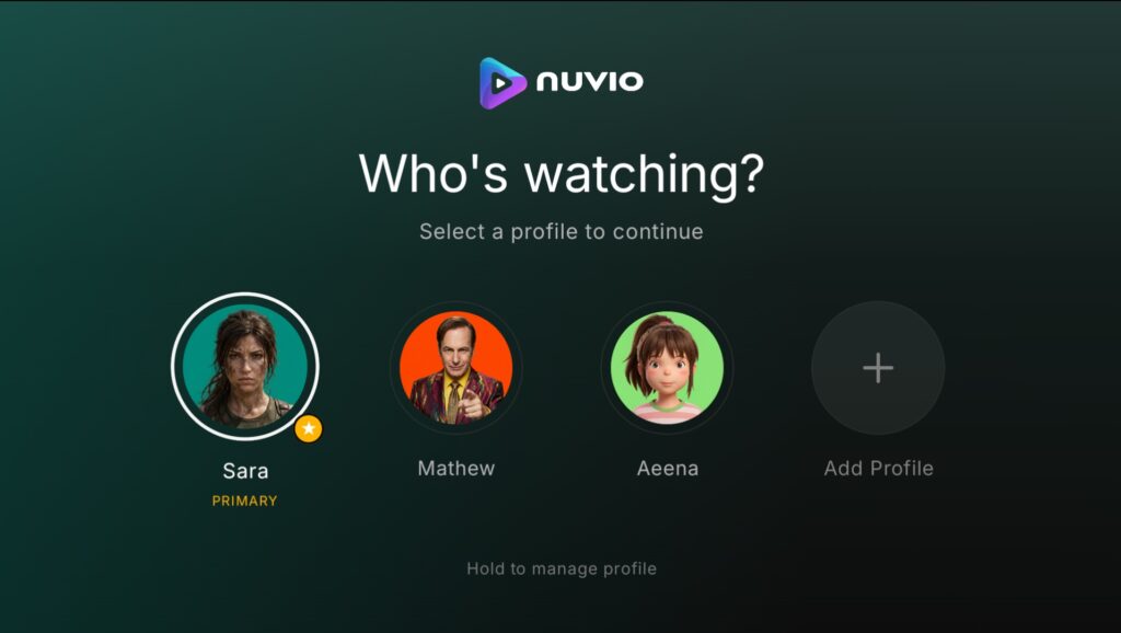 Captura de Nuvio con el selector de perfiles para distintos usuarios
