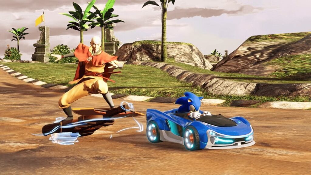 Aang y Sonic en una imagen promocional del Avatar Legends Pack de Sonic Racing: CrossWorlds.