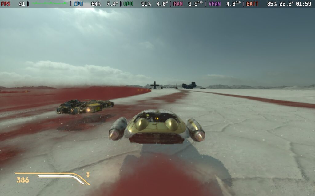 Star Wars: Galactic Racer ejecutándose en Steam Deck con métricas de rendimiento superpuestas.