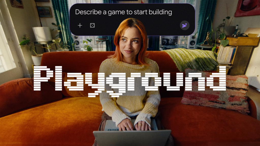 Mujer con un portátil frente a la interfaz de Playground para describir un juego.