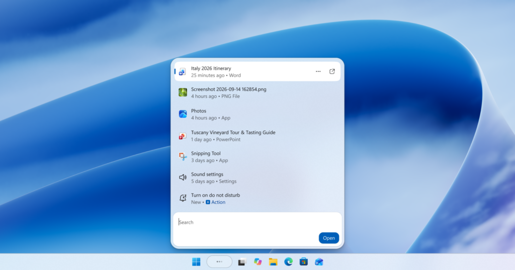 Panel de Windows Search con resultados y una acción para activar No molestar.