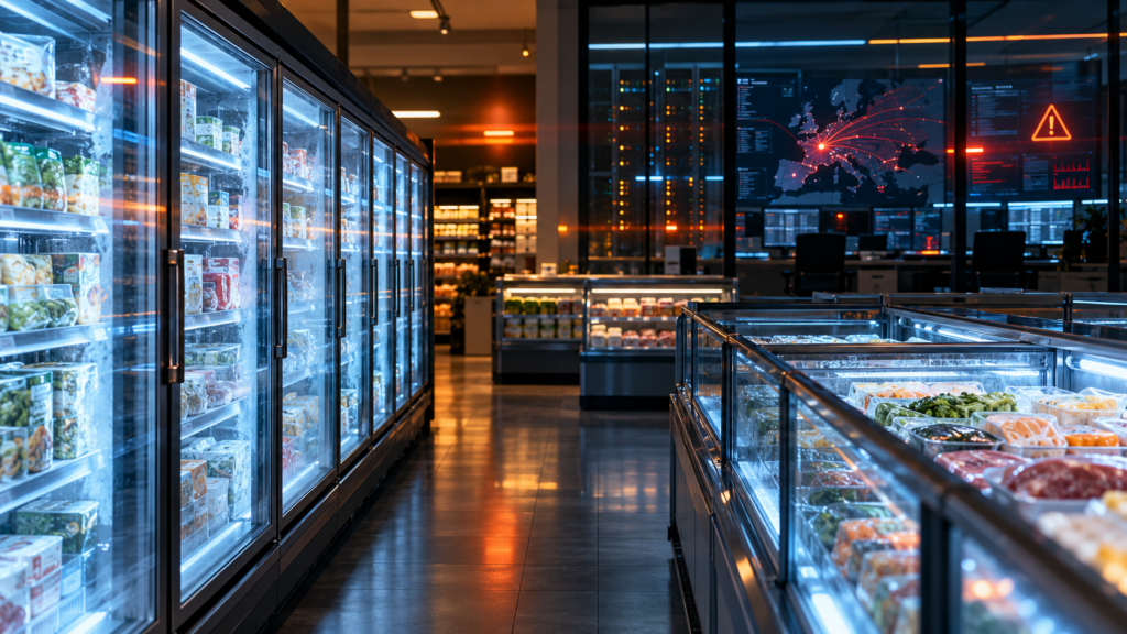 Ilustración editorial de una zona de frigoríficos de supermercado conectados a un panel de control digital con alertas de ciberseguridad