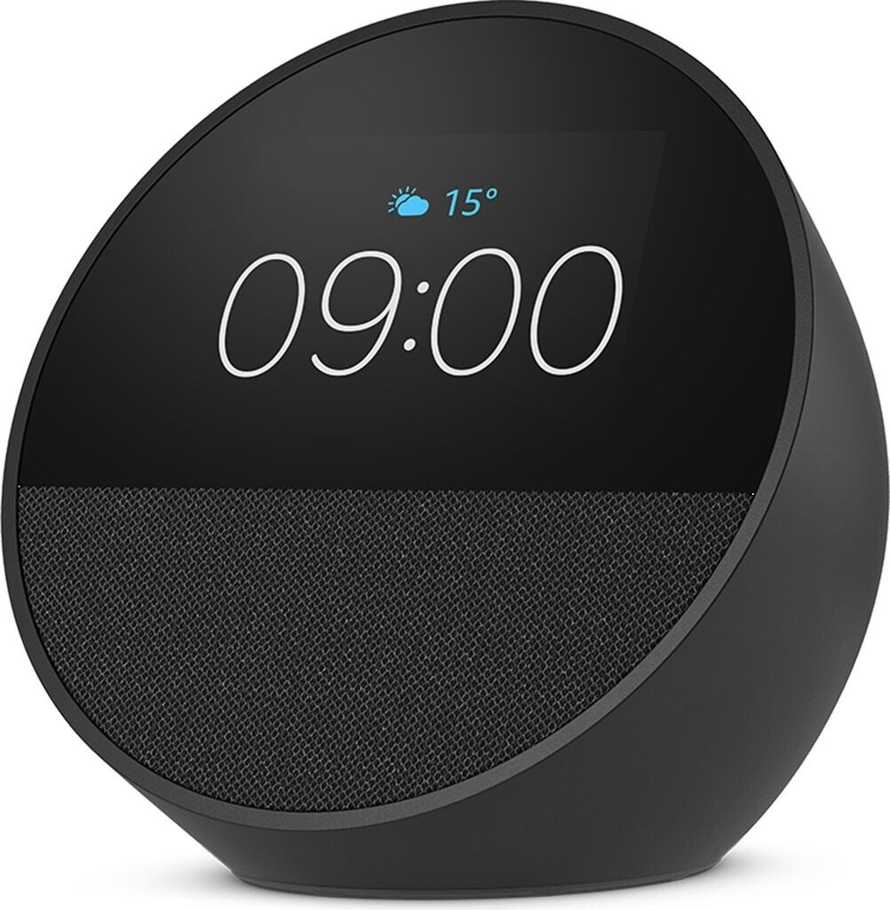 Amazon Echo Spot 2024 en negro, con pantalla circular para consultar la hora