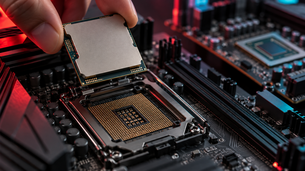 Imagen conceptual generada con IA de un procesador de escritorio sin marca sobre una placa base AM5; no representa un producto oficial de AMD