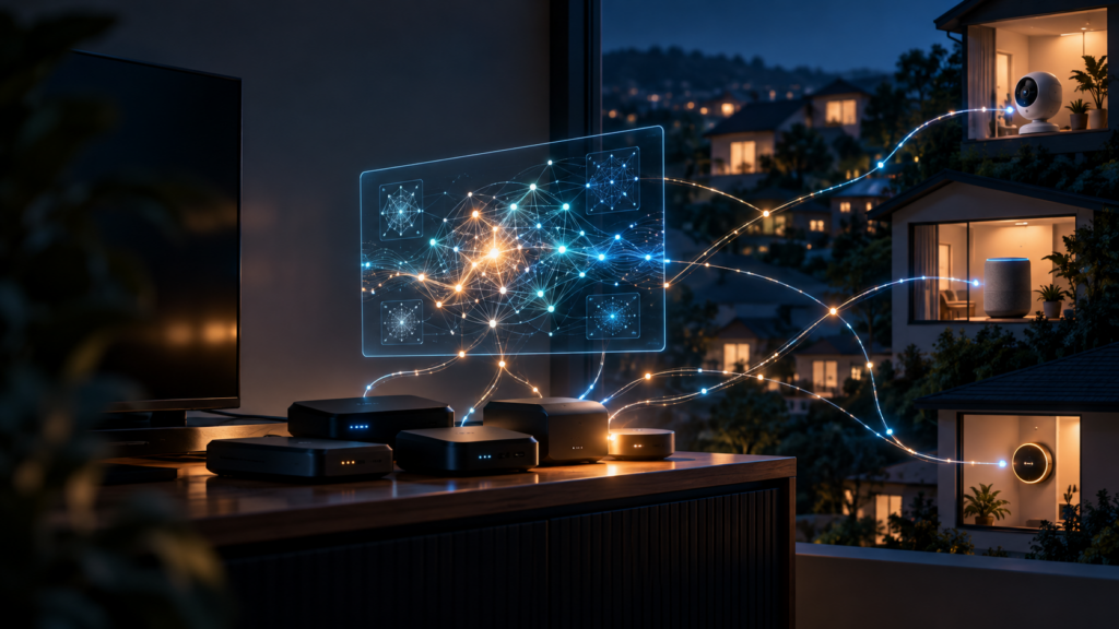 Ilustración conceptual de varias cajas Android TV conectadas por una red de IA a dispositivos inteligentes del hogar; no representa una captura del experimento de Anthropic.