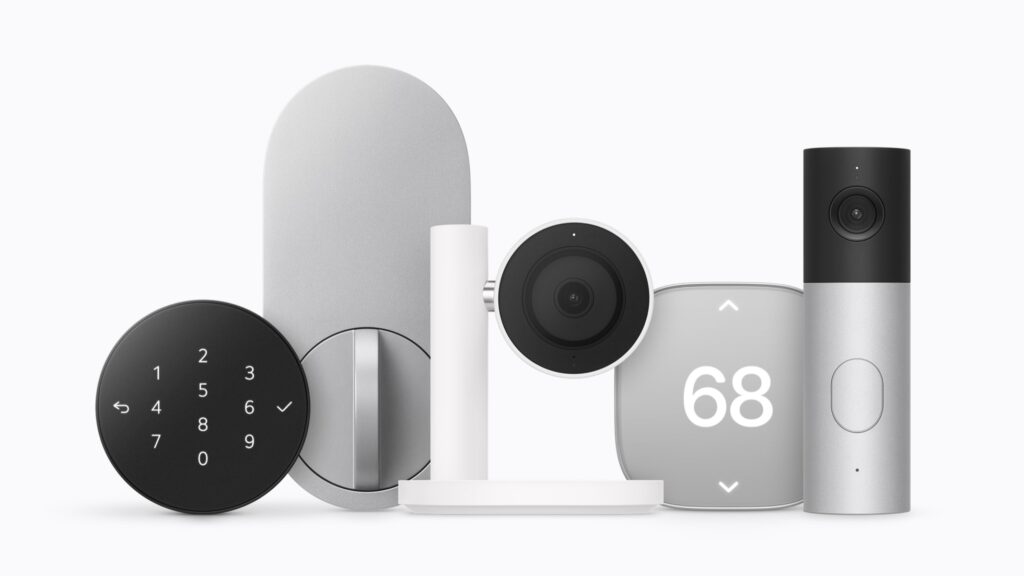 Imagen oficial de Apple con los accesorios de la Home Collection: cerradura, cámaras y termostatos.