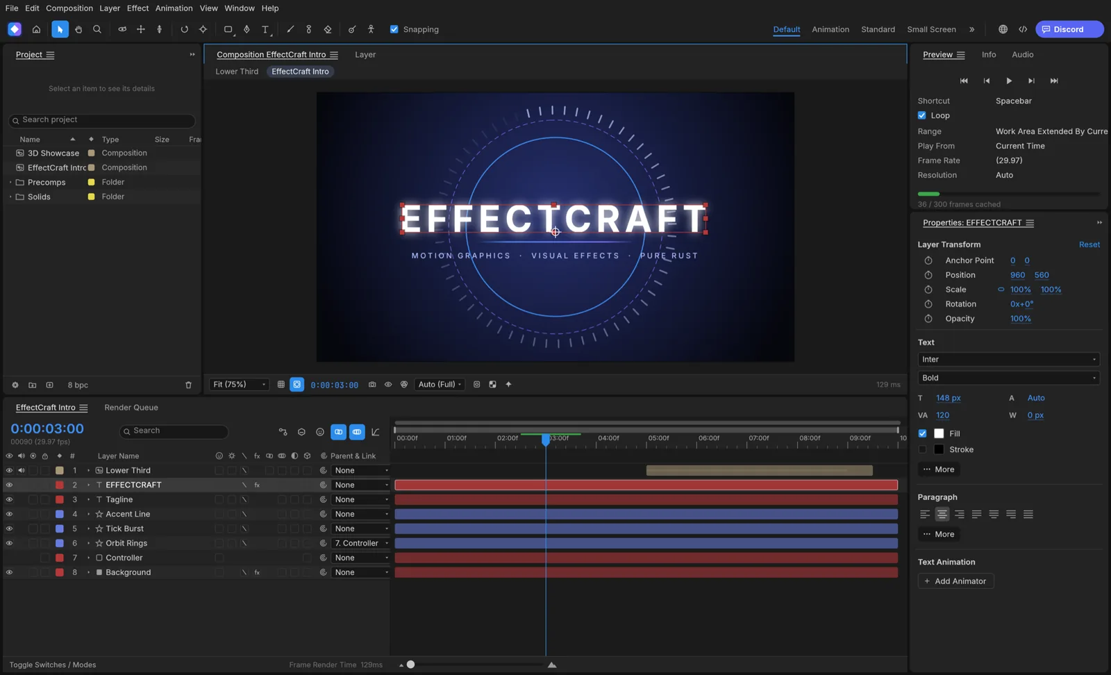 Captura oficial de EffectCraft con una composición animada y varias capas