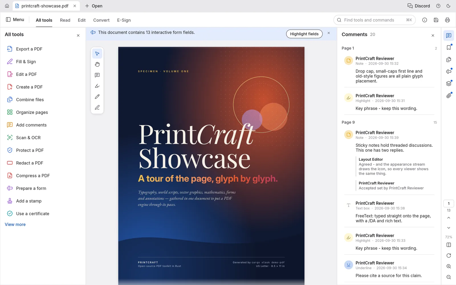 Captura oficial de PdfCraft mostrando un PDF y el panel de herramientas