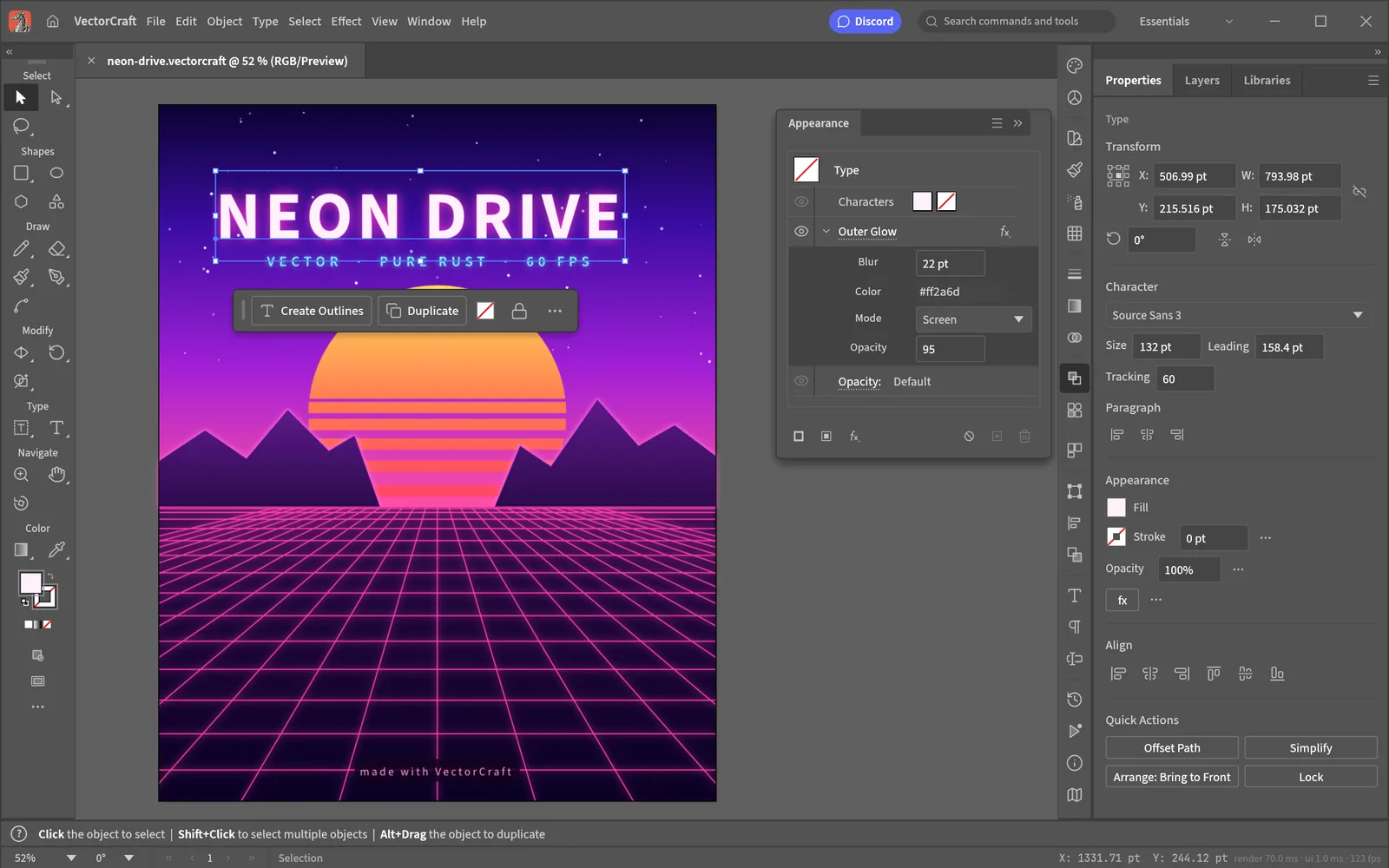 Captura oficial de VectorCraft editando un póster vectorial