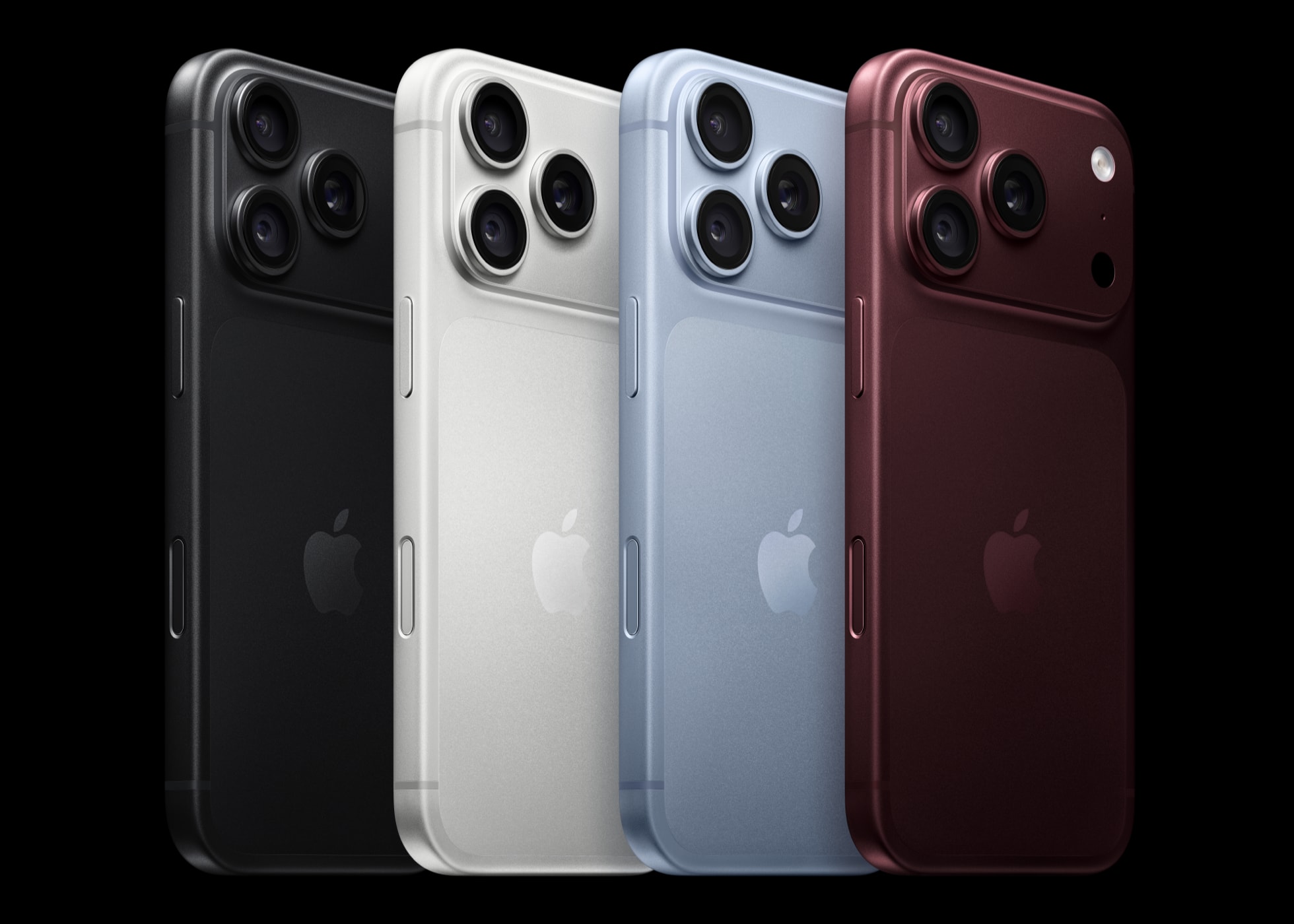 Los cuatro acabados oficiales del iPhone 18 Pro: negro, plata, azul glacial y burdeos