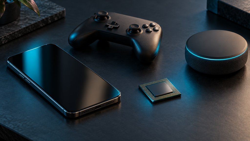 Móvil, mando, chip y dispositivo de hogar inteligente sobre una mesa oscura con luz cian