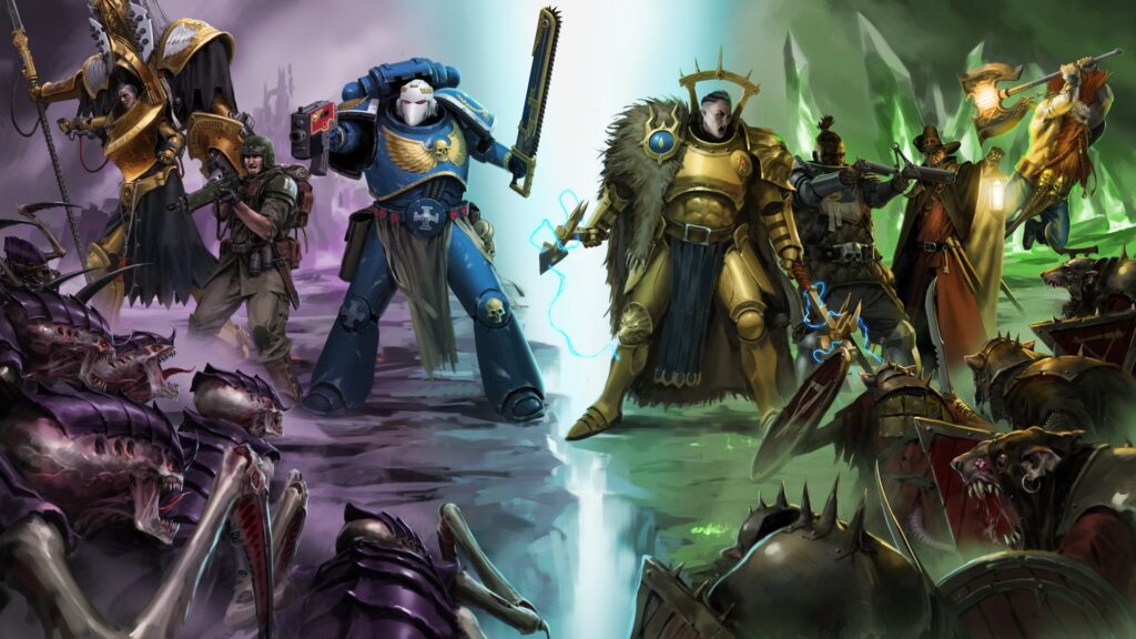 Imagen promocional de Warhammer Survivors con personajes de Warhammer en estilo pixel art.