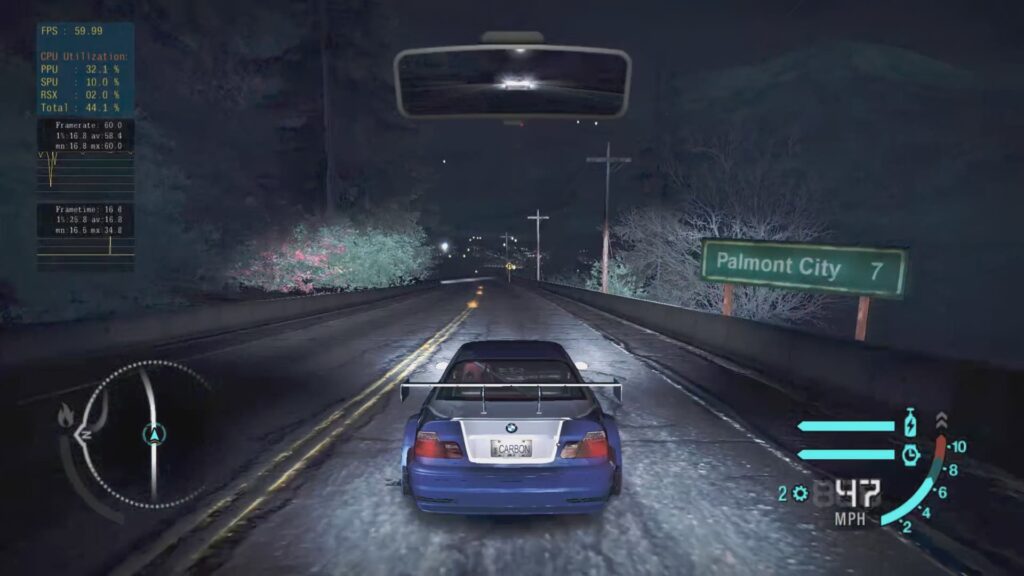 Need for Speed Carbon ejecutándose en una PS5 Pro, con un contador de rendimiento en pantalla.