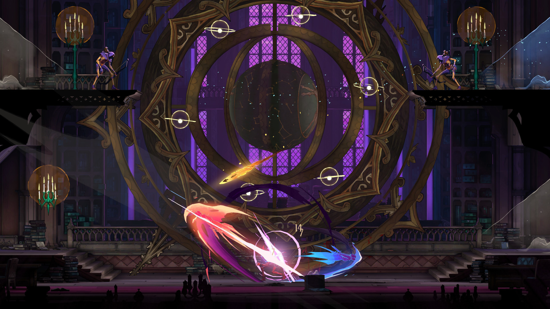 Rose Belmont combate en una biblioteca gótica iluminada por una esfera armilar