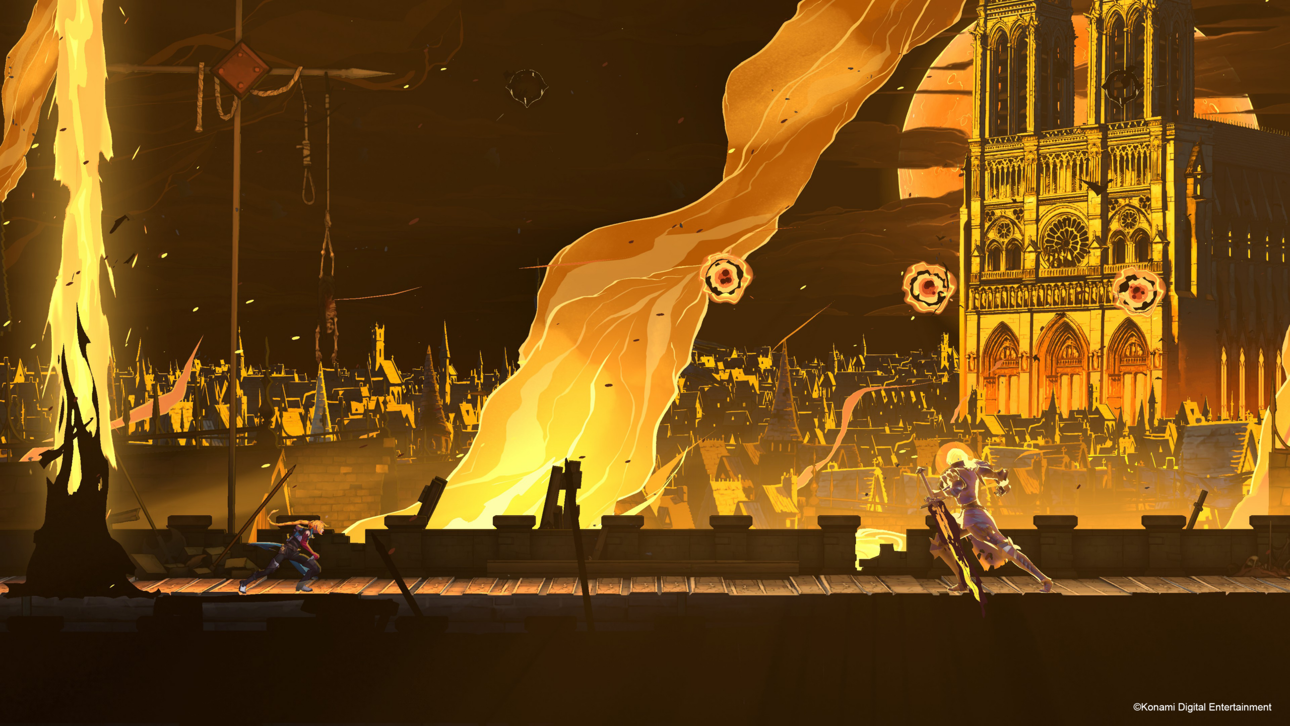 Rose Belmont cruza los tejados de París mientras las llamas iluminan la ciudad en Castlevania: Belmont's Curse