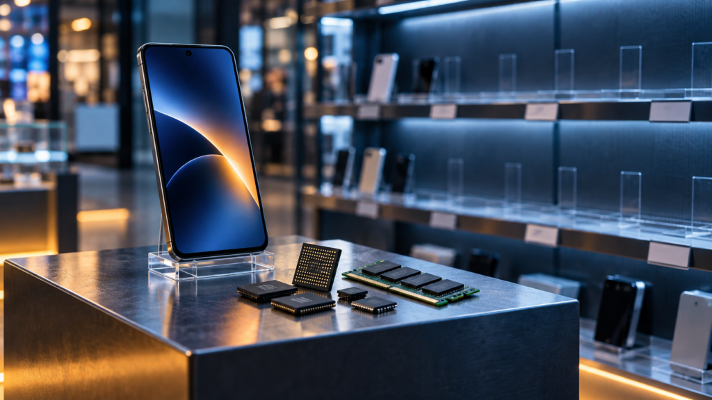 Teléfono móvil y chips de memoria sobre un expositor con huecos en una tienda de electrónica