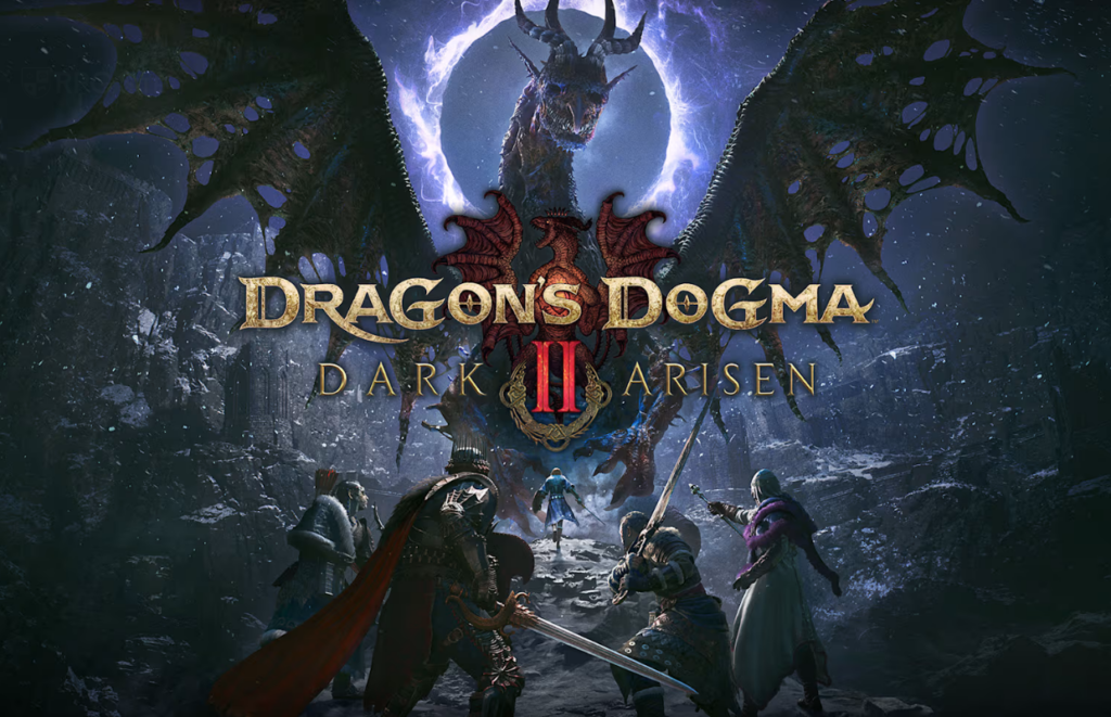Arte promocional de Dragon’s Dogma 2: Dark Arisen con un dragón sobre un grupo de aventureros.