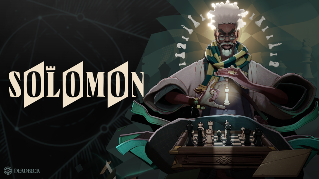 Solomon ante un tablero de ajedrez en el arte oficial de su incorporación a Deadlock