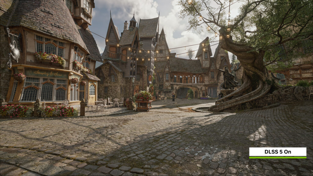 Captura oficial de Hogwarts Legacy con DLSS 5 activado, mostrando una escena del castillo con iluminación y materiales procesados por renderizado neural