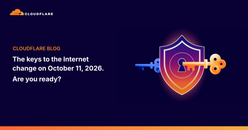 Ilustración de Cloudflare con dos llaves y un escudo para anunciar el cambio de clave raíz DNSSEC del 11 de octubre de 2026