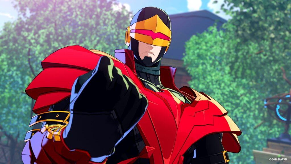 Cyclops con armadura roja y visor amarillo en MARVEL Tōkon: Fighting Souls.