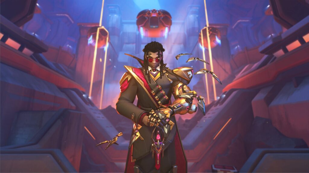 Doctrine, héroe acorazado de Overwatch, en una cámara iluminada de aspecto futurista.