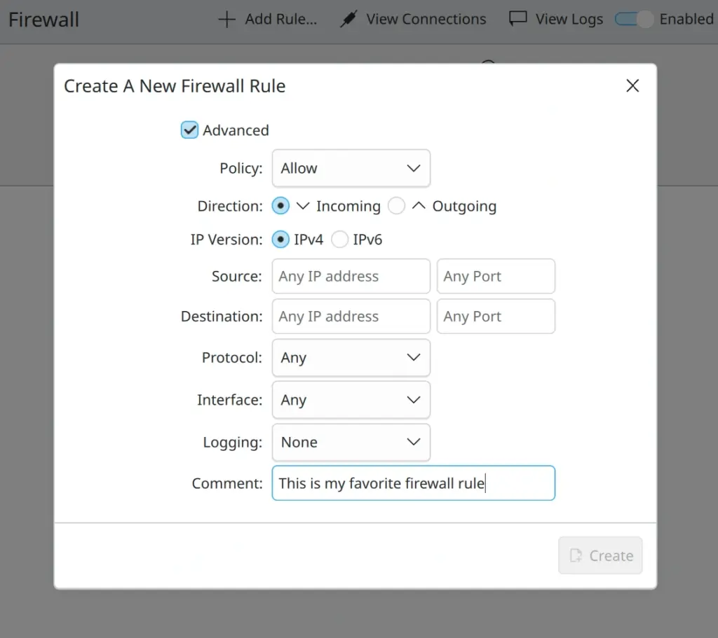 Diálogo para crear una regla de cortafuegos con un campo de comentario en Preferencias del sistema de KDE.