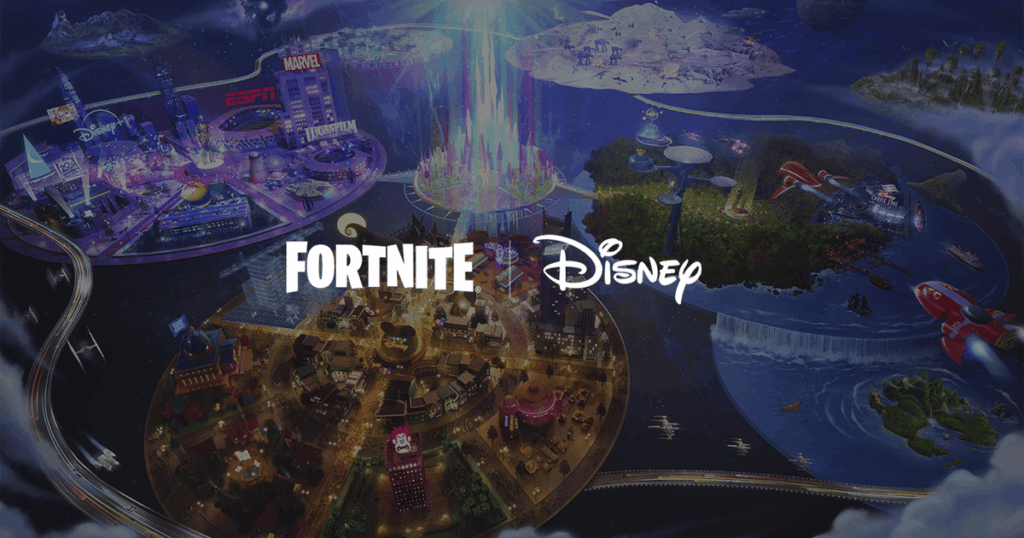 Ilustración promocional de Fortnite y Disney con varias islas conectadas que representan el universo de entretenimiento anunciado por ambas compañías.