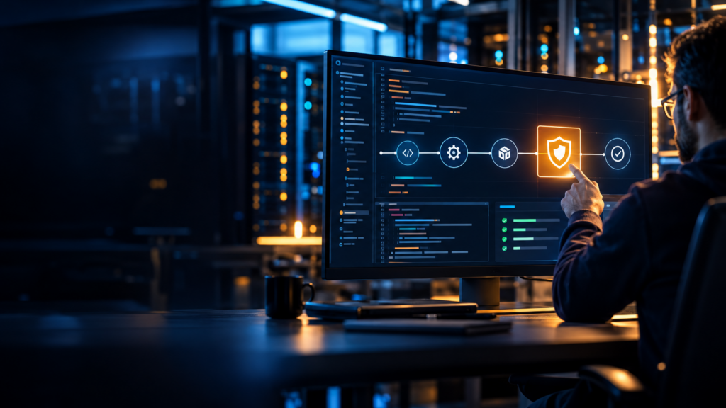 Ilustración de una persona aplicando una actualización de seguridad a una canalización de desarrollo de software.