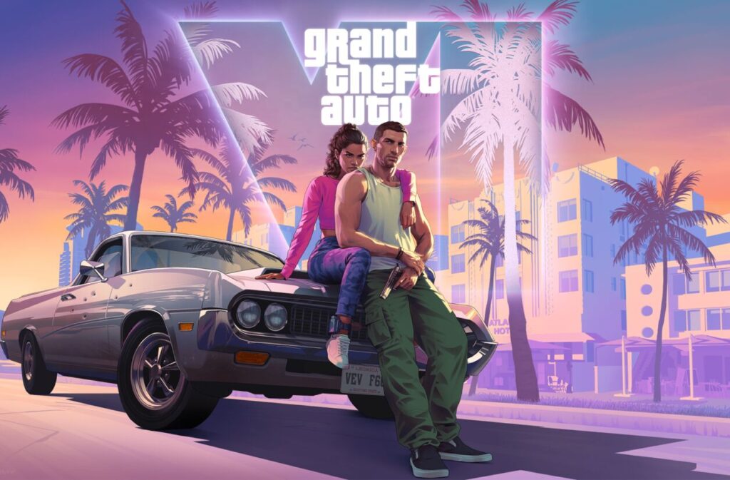 Arte promocional de Grand Theft Auto VI con Jason y Lucia junto a un coche