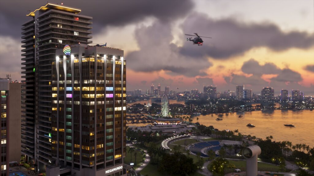 Captura oficial de Grand Theft Auto VI con un rincón de Vice City al atardecer