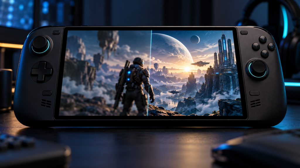 Ilustración editorial de un PC portátil de juegos que muestra el uso de HelixSR para reescalar juegos con una GPU AMD.
