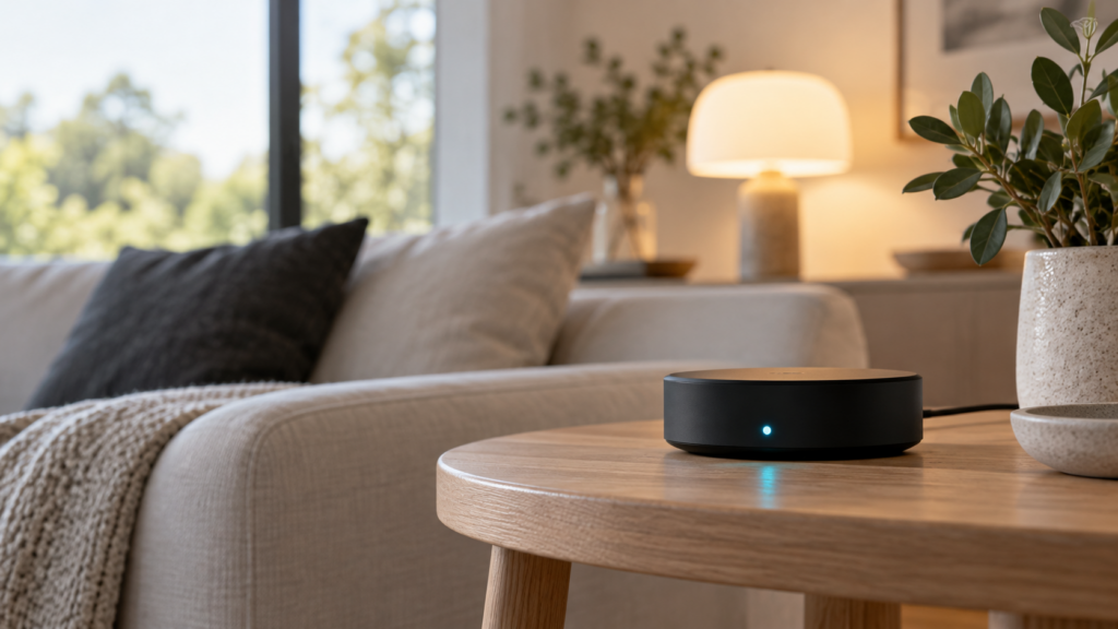 Dispositivo de hogar inteligente conectado con una lámpara en un salón minimalista
