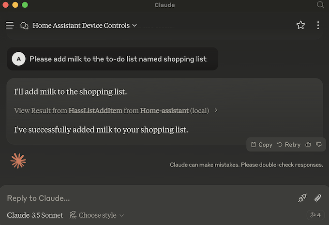 Claude utiliza Home Assistant para añadir un producto a una lista de la compra